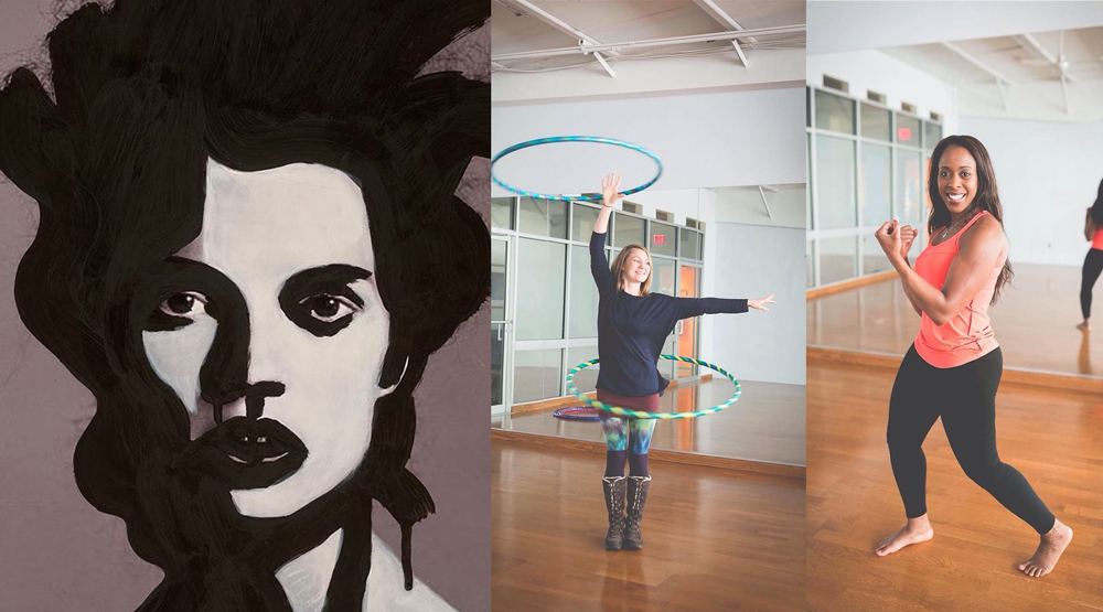 Left: FACES, by Carla Rozman. Opening reception is May 14th, 5 to 8pm. Right: BOUTIQUE FITNESS offers sessions of Hula Hoop with Heather and Butt & Gut Bootcamp with Che on Monday
