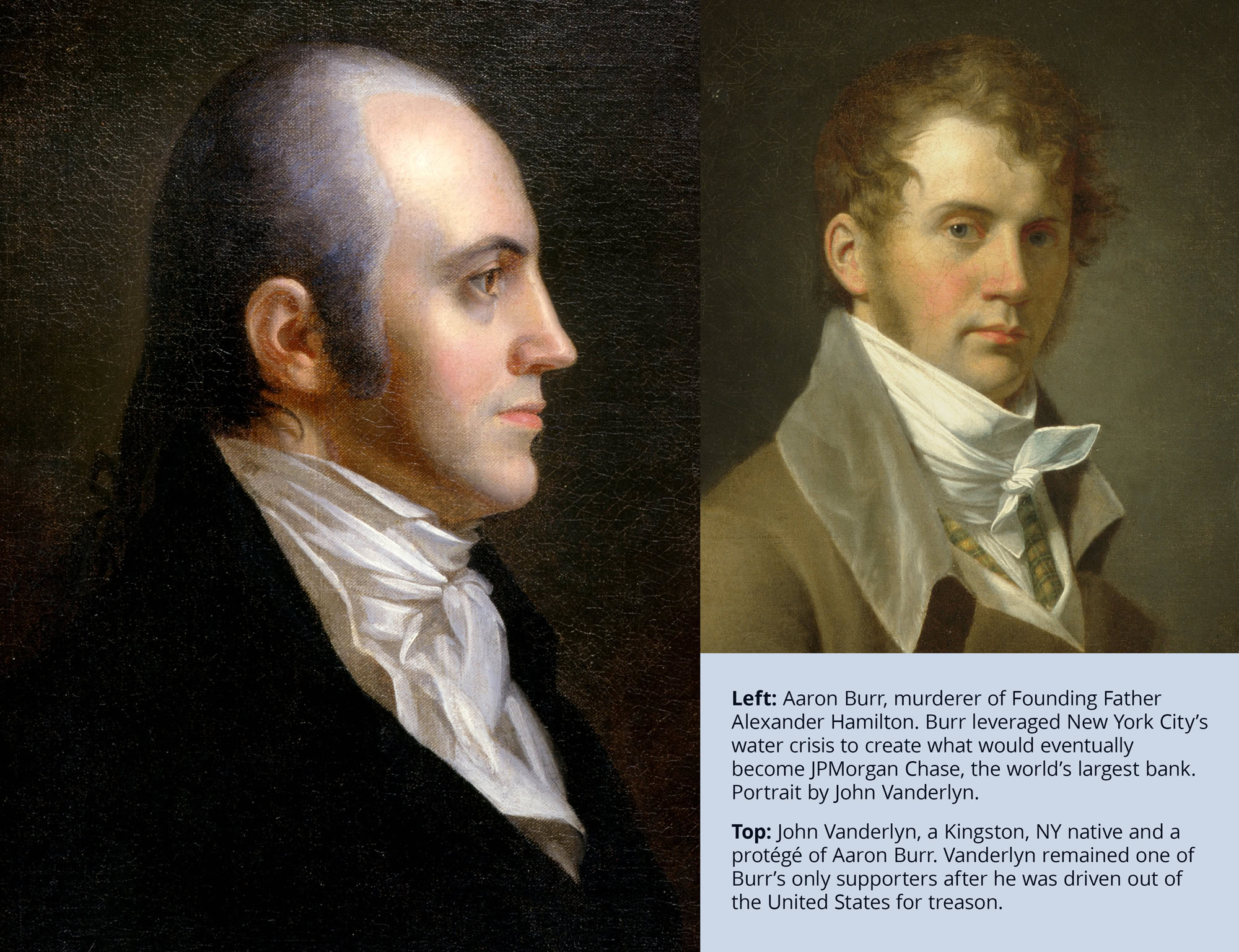 Portraits of Aaron Burr and John Vanderlyn. Text Reads: Left: Aaron Burr, murderer of Founding Father Alexander Hamilton. Burr leveraged New York City’s water crisis to create what would eventually become JPMorgan Chase, the world’s largest bank. Portrait by John Vanderlyn.
Top: John Vanderlyn, a Kingston, NY native and a protégé of Aaron Burr. Vanderlyn remained one of Burr’s only supporters after he was driven out of the United States for treason.